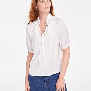 Women's Ruffle Tie Neck Elbow-Sleeve Top Chic White Women's Blouse